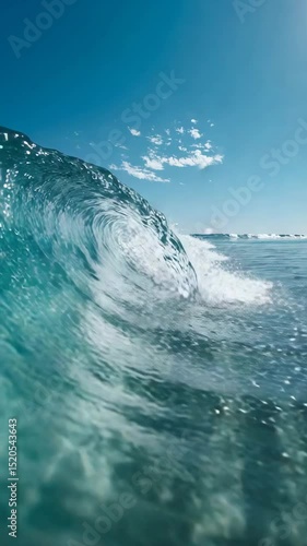Crystal clear turquoise ocean wave curls under a vibrant blue sky, sunlight reflecting on the water surface. The wave shows translucent sections, creating a dynamic and energetic scene.
