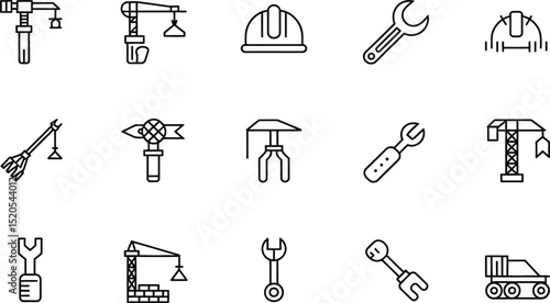 A set of line icons depicting construction tools and equipment on a white background in a vector style