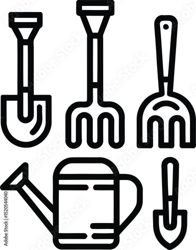 A simple line drawing of gardening tools including shovels rakes and a watering can on a gray background