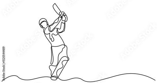 Continuous line drawing of a cricket player batting. Single line Cricket batsman players action sport graphic vector. A cricket batsman isolated of a white background.