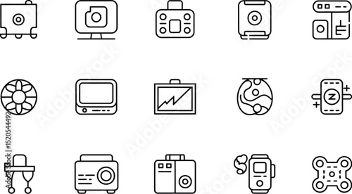 A collection of various outline icons including cameras screens and other electronic devices displayed neatly