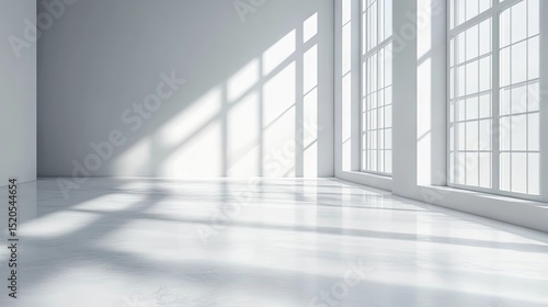 Elegant studio photography space with pure white background natural light bright shadows minimalist style