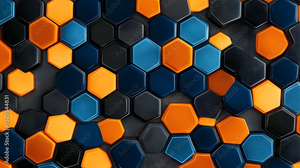 3D Rendering of Black, Blue, and Orange Hexagon Pattern – Futuristic Geometric Tech Background 3D Rendering of Black, Blue, and Orange Hexagon Pattern – Futuristic Geometric Tech Background