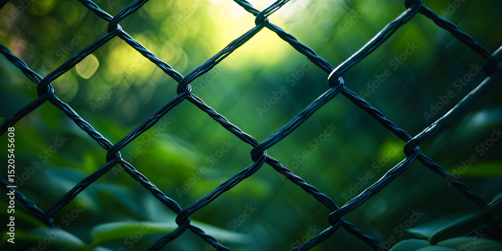 Fototapeta premium Close-up of a chain link fence with lush green foliage in the background.