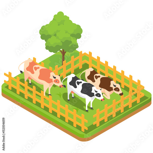 Isometric vector illustration of livestock pen with animals inside, white background
