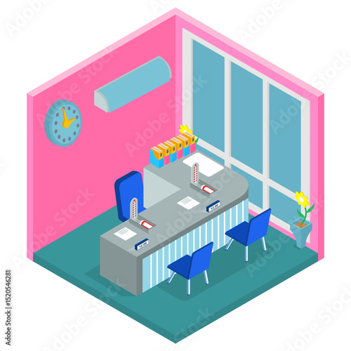 adolescents consult with doctors about health, isometric composition of living facilities that provide care for occupant vector illustrations
