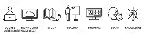 Online education vector illustration concept banner with icons and keywords