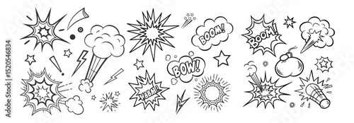 Comic boom cartoon effect line element set. Comic speech bubble pow, boom text, explosive splash smoke, wow cartoon vector icon. Hand drawn sketch doodle explosive element. Vector illustration. EPS