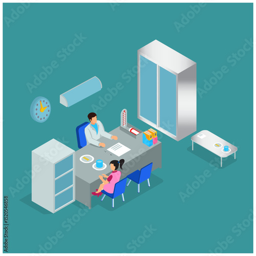 adolescents consult with doctors about health, isometric composition of living facilities that provide care for occupant vector illustrations