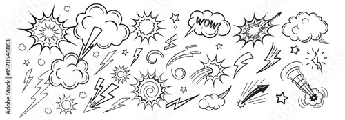 Comic boom cartoon effect line element set. Comic speech bubble pow, boom text, explosive splash smoke, wow cartoon vector icon. Hand drawn sketch doodle explosive element. Vector illustration. EPS