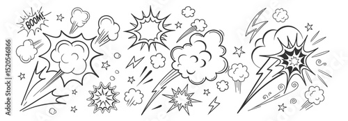 Comic boom cartoon effect line element set. Comic speech bubble pow, boom text, explosive splash smoke, wow cartoon vector icon. Hand drawn sketch doodle explosive element. Vector illustration. EPS