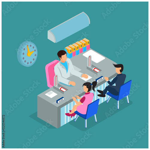 adolescents consult with doctors about health, isometric composition of living facilities that provide care for occupant vector illustrations