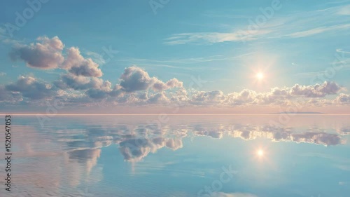 Peaceful sunrise over a calm body of water, reflecting the pastel sky and fluffy clouds. Soft, warm light bathes the scene, creating a tranquil atmosphere.