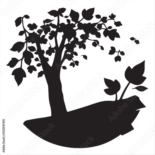 An elegant black and white vector logo silhouette portraying autumn on a white background.  Geometric shapes and clean lines maintain balance, symmetry and visual clarity.