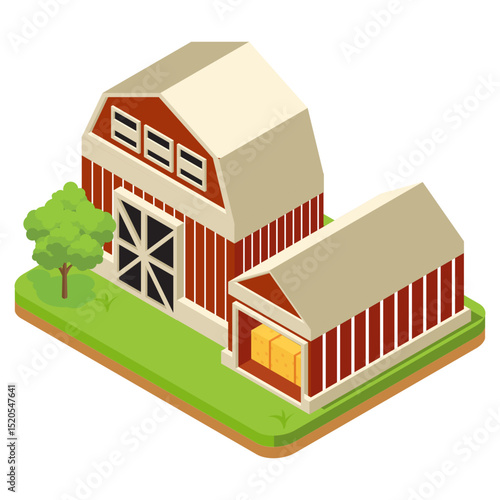 Isometric vector illustration of a farm in a village with beautiful rural scenery