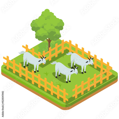 Isometric vector illustration of livestock pen with animals inside, white background
