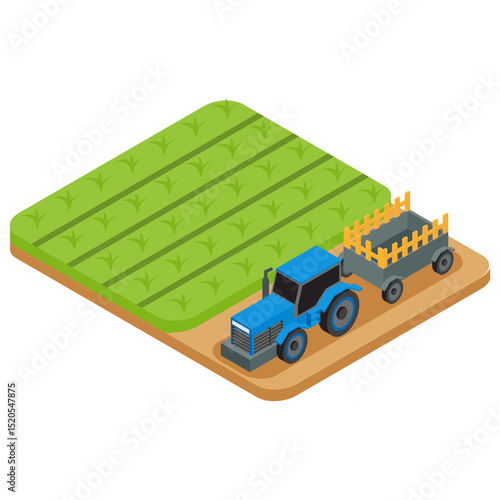Isometric Tractor works in a field. Agriculture machinery. Plowing in the field. Heavy agricultural machinery for fieldwork. Vector illustration