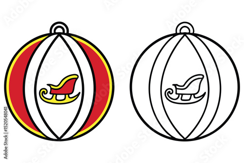 A color and black outline illustration depicts an isolated Christmas ornament with a golden sleigh