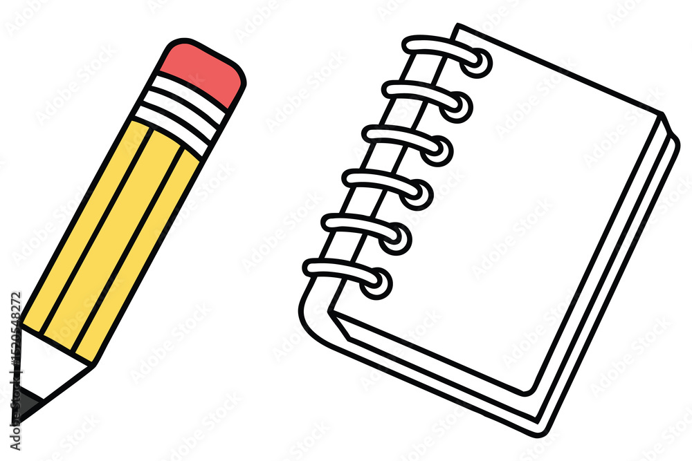 Naklejka premium A yellow cartoon pencil lies next to a blank spiral notebook with transparent background
