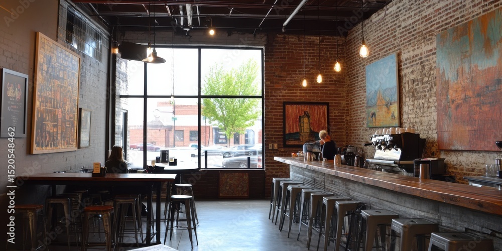 Fototapeta premium Rustic coffee shop with large windows and exposed brick.