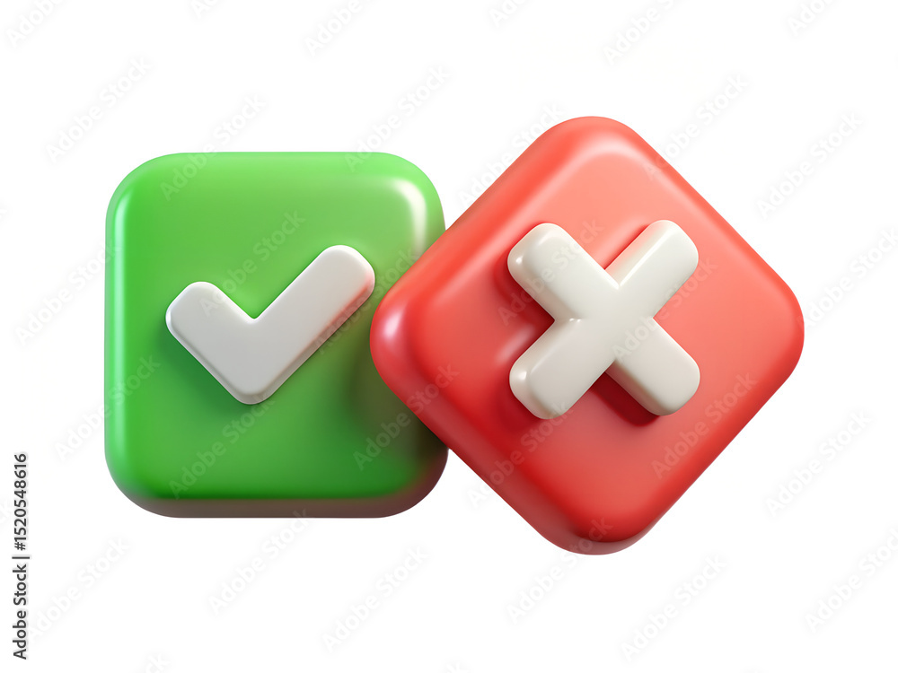 Obraz premium 3d render of green check mark and red cross mark buttons