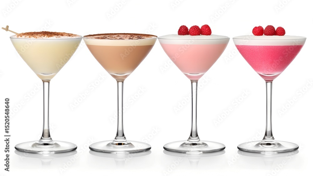 Four gourmet cocktails in martini glasses with raspberry garnish Four gourmet cocktails in martini glasses with raspberry garnish