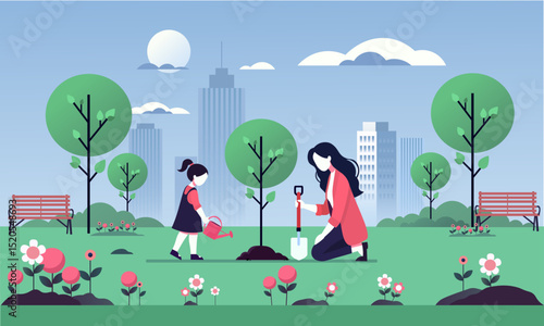 Mother and Daughter Planting a Tree in Urban Park — Eco-Friendly Family Activity