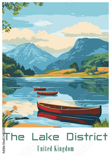 Lake District UK Vector Illustration with Boats and Mountains.