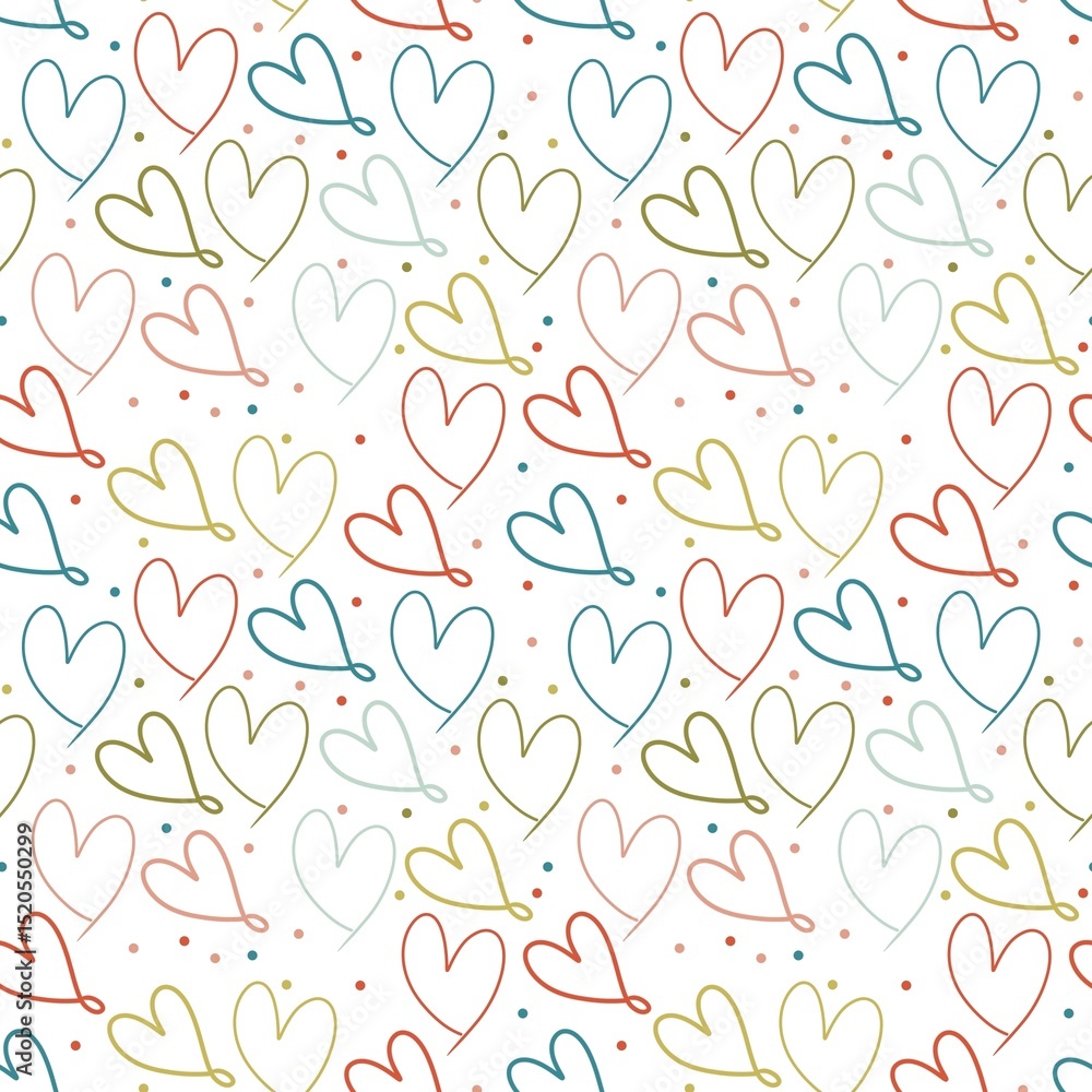 Colorful Doodled Hearts Seamless Pattern. Joyful Hearts and Dots Love Pattern. Delicate hand drawn hearts designs for gift wrap and kids decor. Colorful Doodled Hearts Seamless Pattern. Joyful Hearts and Dots Love Pattern. Delicate hand drawn hearts designs for gift wrap and kids decor.
