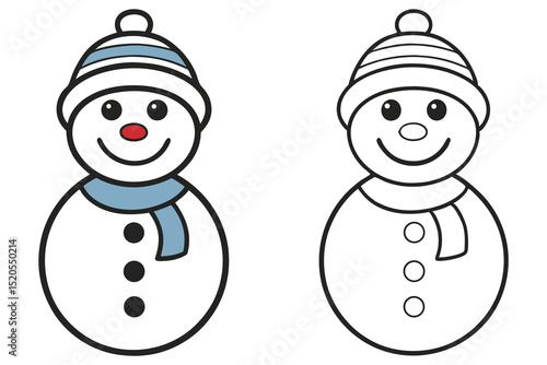 Two cute snowman figures in color and outline stand side by side smiling widely