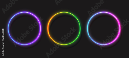 Collection of glowing neon circles on dark background. Round backdrop. Futuristic style sci-fi elements.