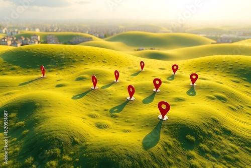 Vacant land plot with green field and location pin markers. Ideal for real estate development, property investment, urban planning, construction, and residential project illustrations.