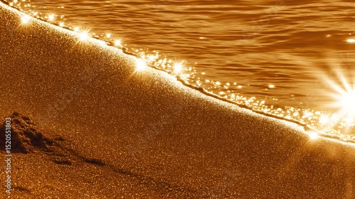 Golden beach meeting shimmering ocean surface