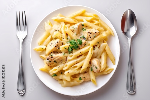 Creamy Chicken Penne Pasta on White Plate with Cutlery 