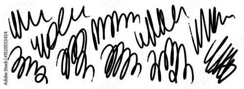 Hand drawn pen scribble set. Free hand rough pencil scrawl collection. Grunge crayon curly doodle line pack. Messy charcoal squiggle brush stroke bundle. Vector black bold wiggly marker sketch swirl