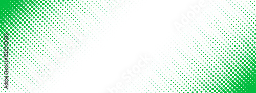 Slash green halftone gradient texture. Fading cartoon polka dot background. Dotted corner gradation pattern. Fading comic pop art overlay backdrop. Vector slant frame halfton patern effect wallpaper