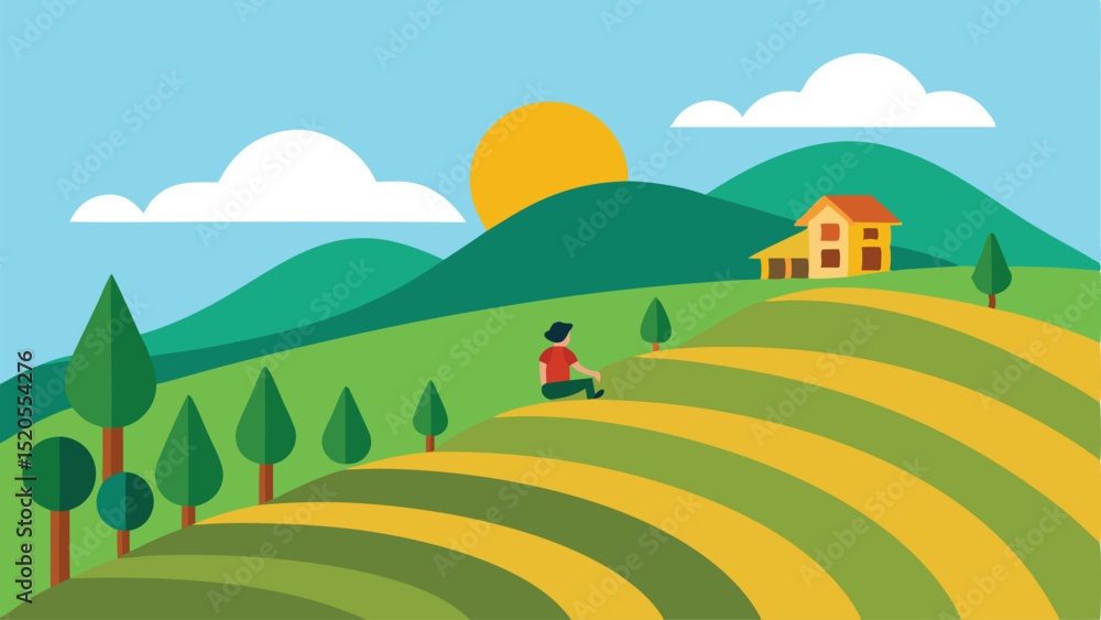 Fototapeta premium Intricate Cartoon Terrace Farming on a Green Hillside Vector illustration Background