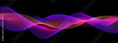 Neon sound wave on black background. Abstract flowing wavy lines design for ai concept, eq equalizer, audio record, voice assistant. Orange pink purple gradient curve stripe wallpaper. Vector