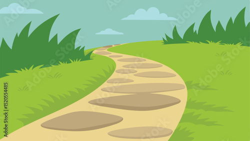 Charming Cartoon Stone Path with Lush Summer Grass Vector illustration Background