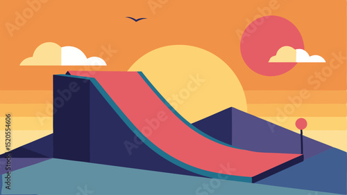 Cool Cartoon Skate Ramp Silhouette Against a Sunset Sky Vector illustration Background
