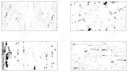 Black dotted texture element collection. Stippled shade object pack, traces soot or scratches caused by wear and tear vector illustration
