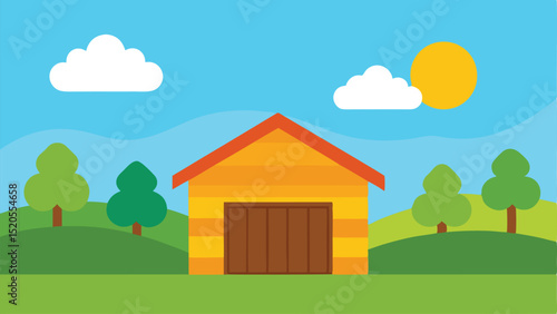 Simple Cartoon Shed Structure Under a Sunny Sky Vector illustration Background