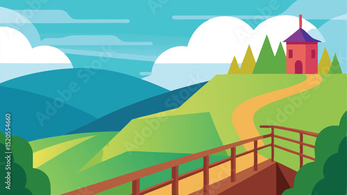 Cartoon Scenic Overlook with Safety Rails Landscape Vector illustration Background
