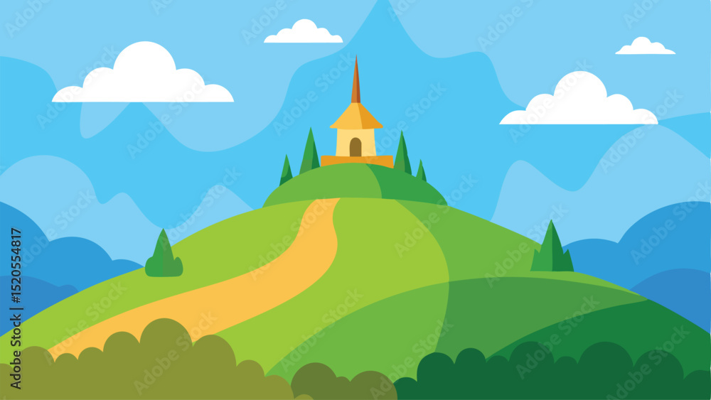 Naklejka premium Scenic Cartoon Rocky Hilltop View Landscape Vector illustration Background