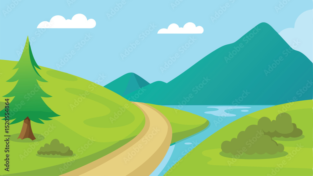 Obraz premium Tranquil Cartoon Riverside Path with Distant Hills Vector illustration Background