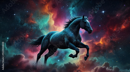 Majestic winged horse soaring through a vibrant nebula, cosmic clouds and stars,generative.ai	
