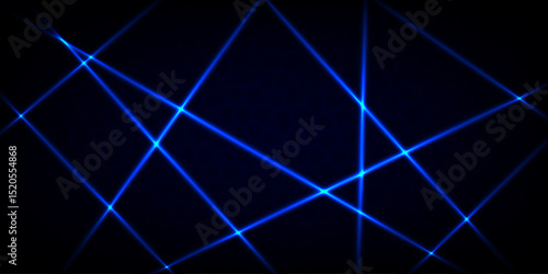 Abstract crossing blue laser light on dark blue background textured with random hexagons
