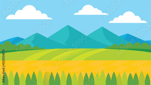 Lush Cartoon Rice Field on a Bright Summer Day Vector illustration Background