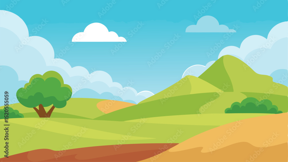 Fototapeta premium Wide Cartoon Open Land Under a Sky with Soft Clouds Vector illustration Background