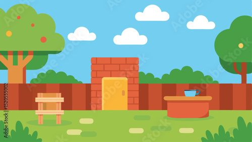 Calm Cartoon Peaceful Backyard with Brick Surface Vector illustration Background
